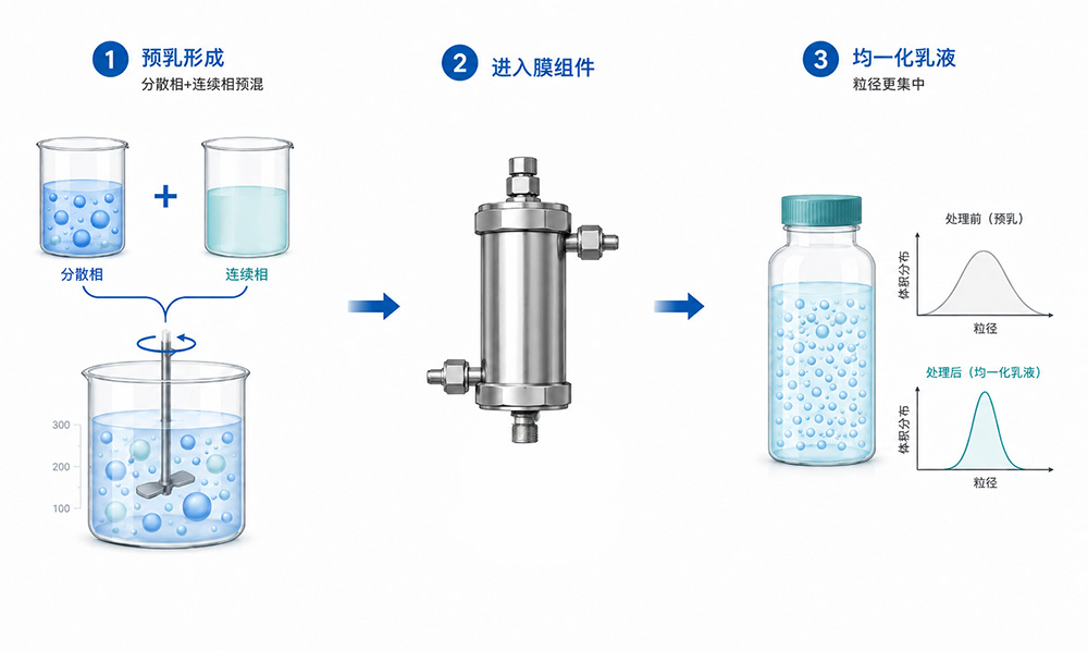 快速膜乳化法中预乳通过膜管形成均一乳液的流程示意图.jpg
