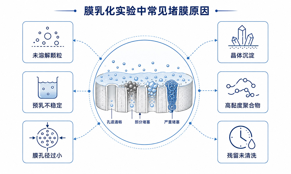 膜乳化实验中未溶解颗粒晶体沉淀高黏度物料等堵膜原因示意图.jpg